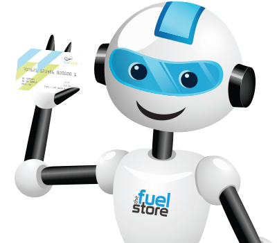 Close up of Felix Fueller, the Fuel Store's Robot Character holding up the fuelGenie card