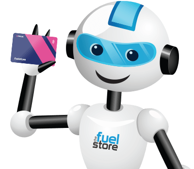 Close up of Felix Fueller, the Fuel Store's Robot Character holding up The Paua EV Charge Card