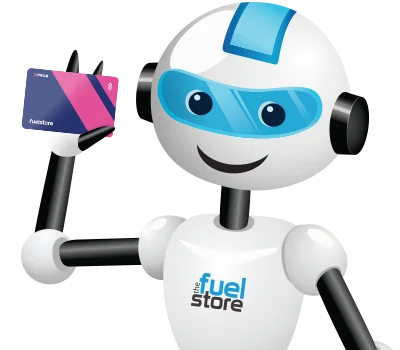 Close up of Felix Fueller, the Fuel Store's Robot Character holding up The Paua EV Charge Card