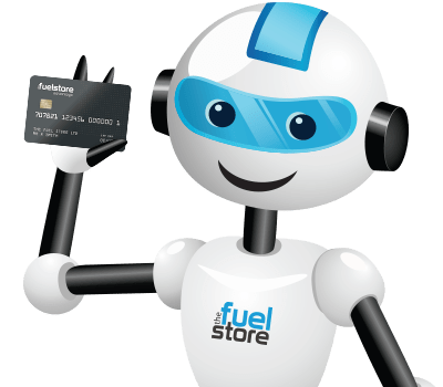 Close up of Felix Fueller, the Fuel Store's Robot Character holding up the Fuel Store Advantage Card