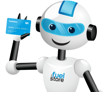 Close up of Felix Fueller, the Fuel Store's Robot Character holding up the UKfuels card