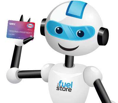 Close up of Felix Fueller, the Fuel Store's Robot Character holding up the Esso fuel card