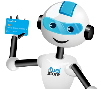 Close up of Felix Fueller, the Fuel Store's Robot Character holding up the Fuel Store card