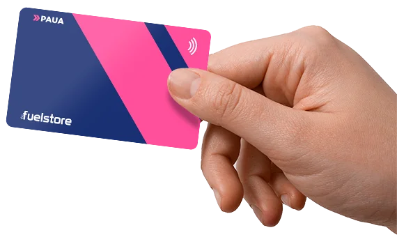 A hand holding the Fuel Store's Paua EV Charge Card with no background