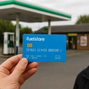 blue fuel store fuel card is held in someone's hand, with a fuel station in the background 